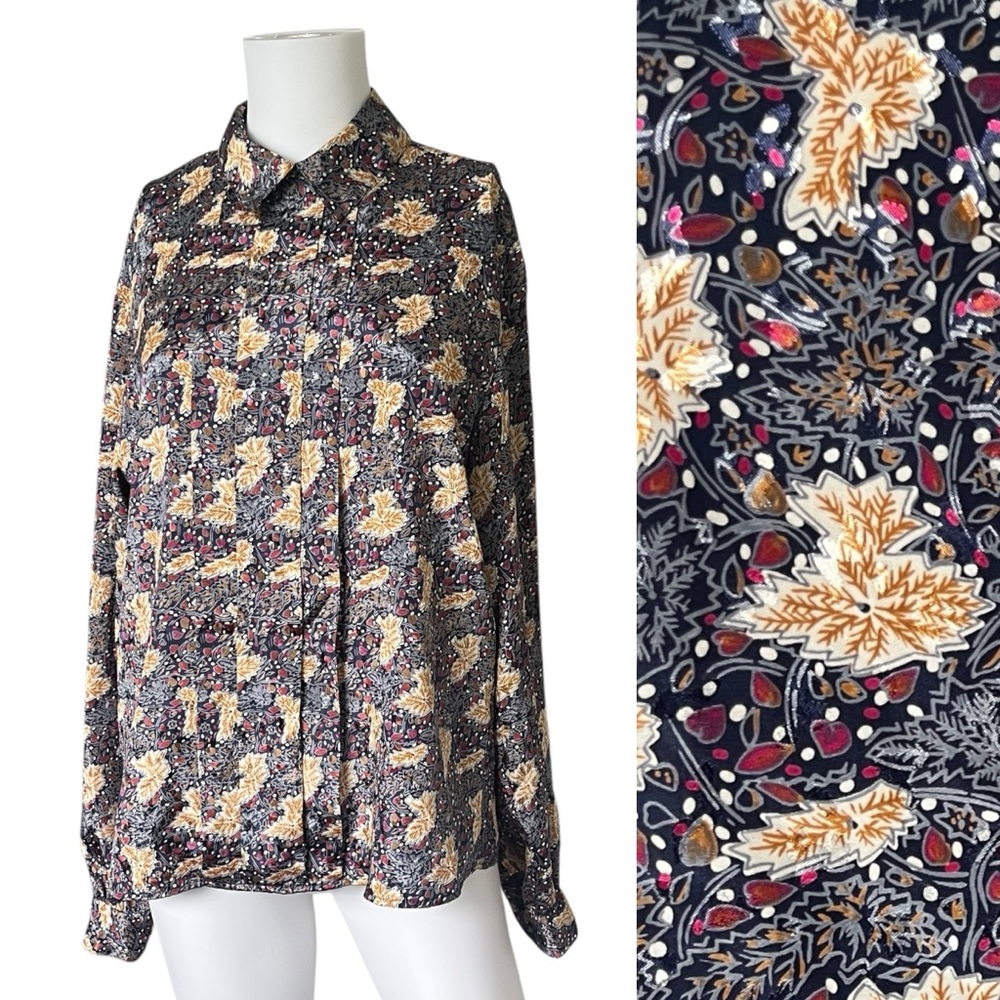 Vintage 90s Katrina B Blouse Navy Blue Print Pleated Womens Size 12